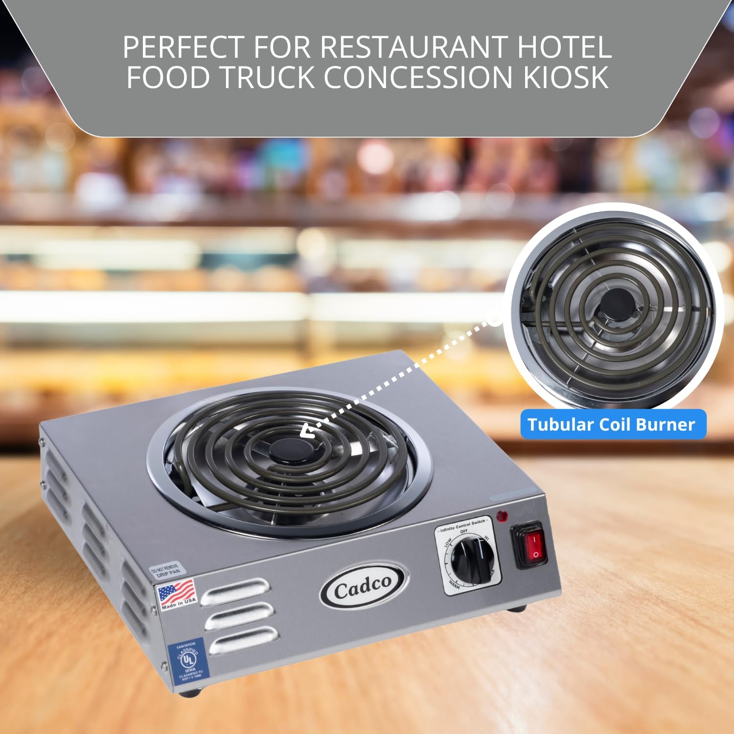 CSR-3T 14" Electric Portable Countertop Hi-Power Hot Plate w/One Tubular Burner for Restaurant Hotel Food Truck Concession Kiosk, Stainless Steel, 120v